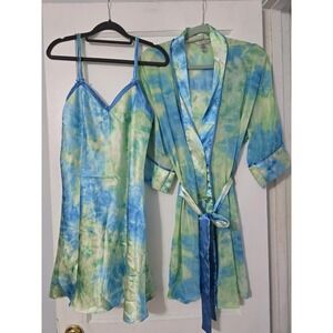 Vintage Delicates WatercolorSatin Short Nightgown Sheer Robe Set Size Medium